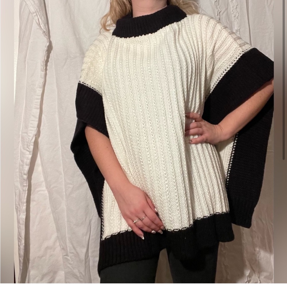 NEW Rebecca Minkoff  Colorblock Rib Poncho in Black/Coconut